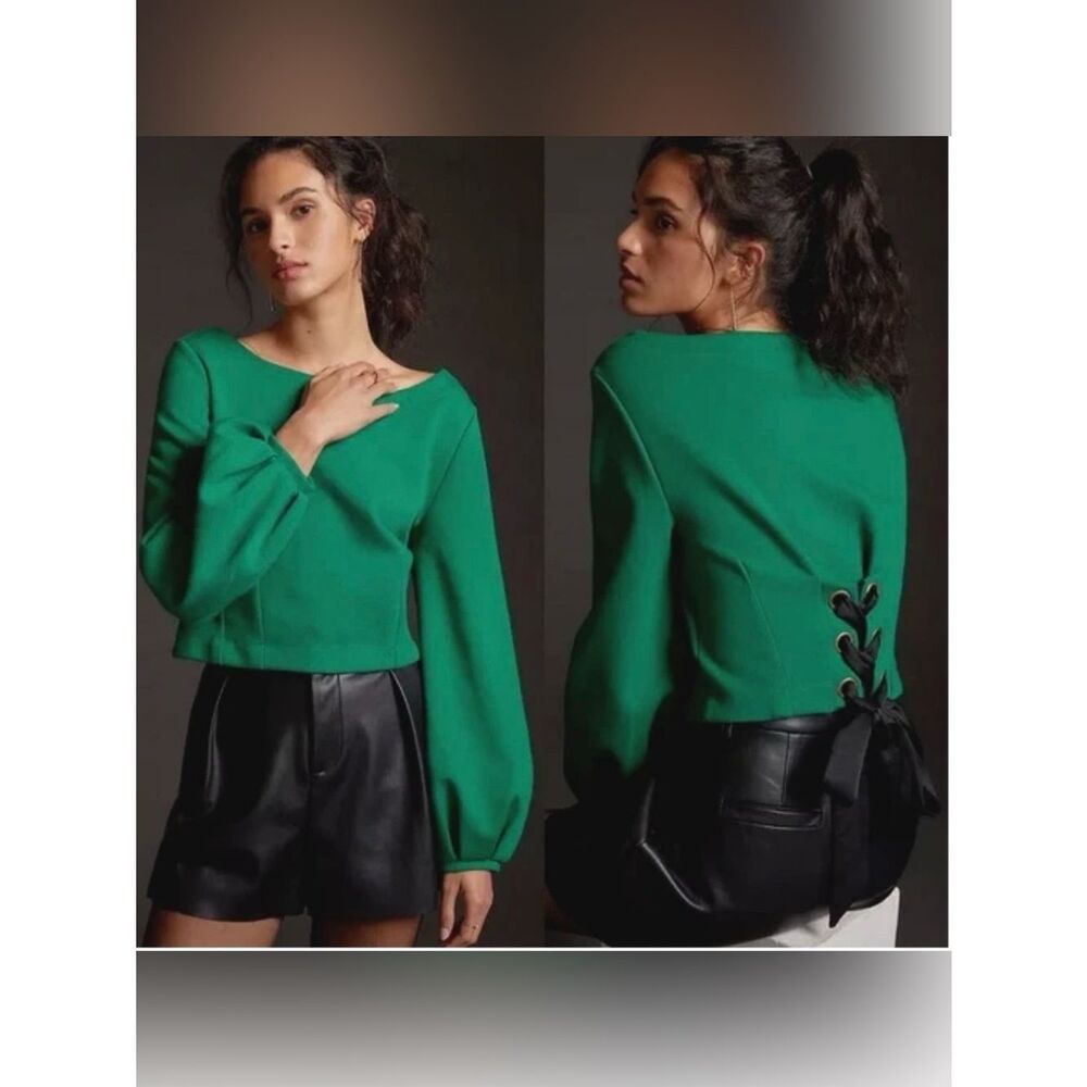 Anthropologie Maeve Green Tie-Back Ponte Pullover Top Lace Up Back Size M